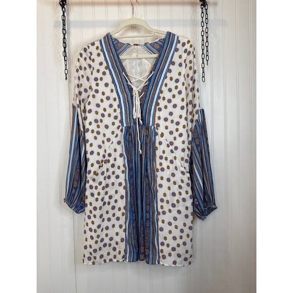 Free People Rain Shine Printed Lace-Up Swing Dress Floral Stripe Boho Mini Sz S - Picture 2 of 9